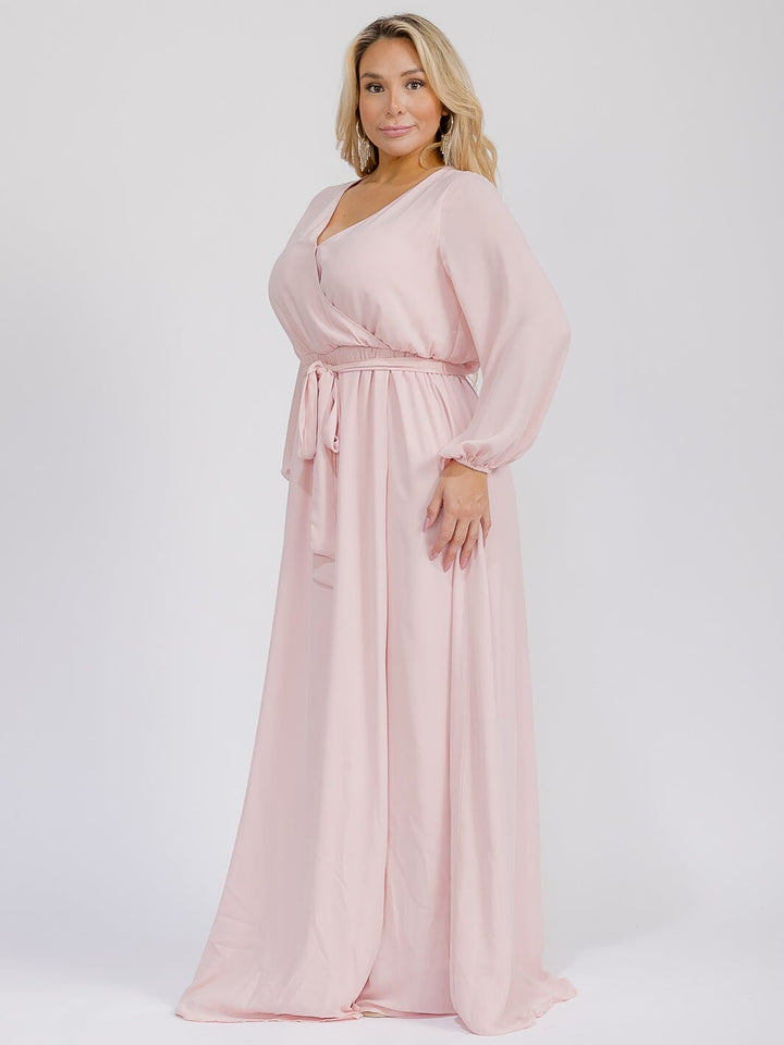 PUS SIZE LONG SLEEVE SELF TIE SURPLICE MAXI GOWN DRESS