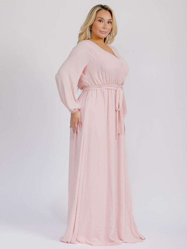 PUS SIZE LONG SLEEVE SELF TIE SURPLICE MAXI GOWN DRESS