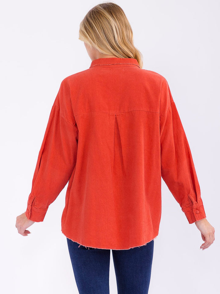 WOMEN'S LONG SLEEVE BUTTON UP FRONT POCKET CORDUROY TOP