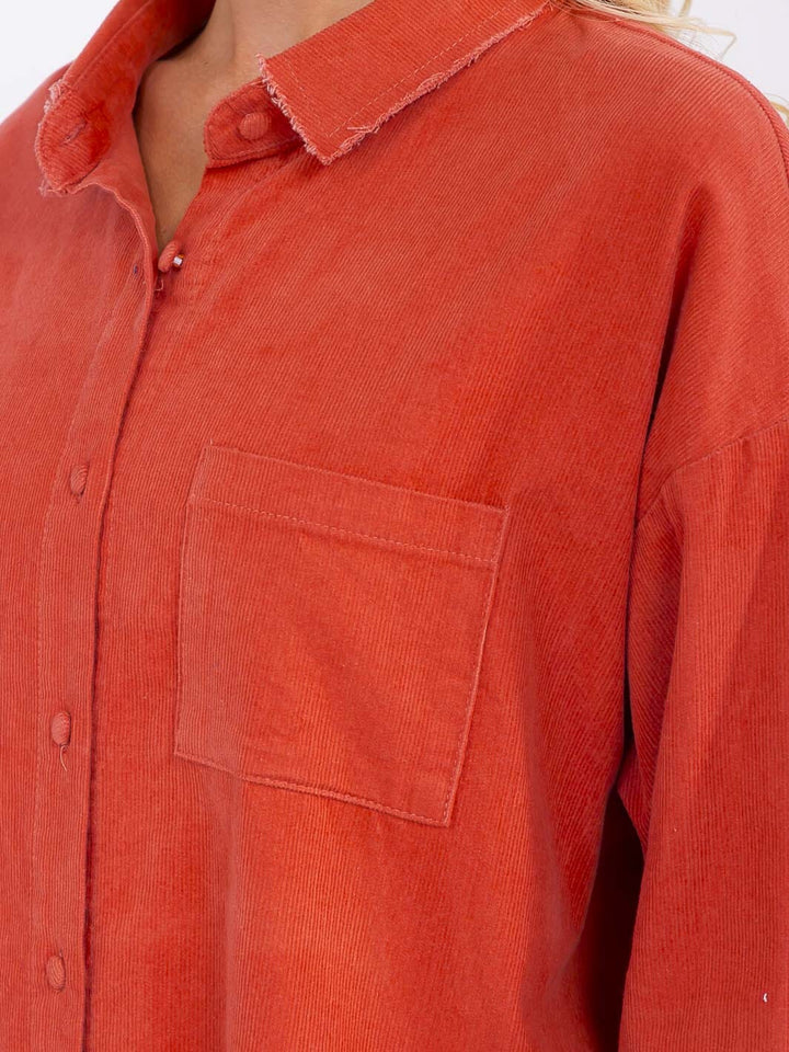 WOMEN'S LONG SLEEVE BUTTON UP FRONT POCKET CORDUROY TOP