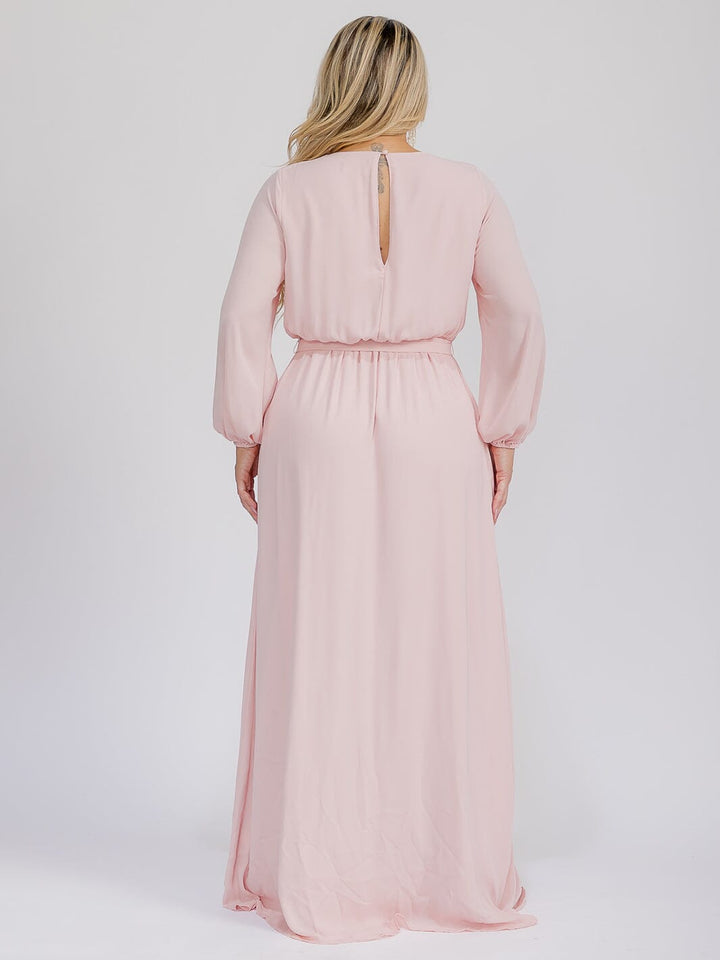 PUS SIZE LONG SLEEVE SELF TIE SURPLICE MAXI GOWN DRESS