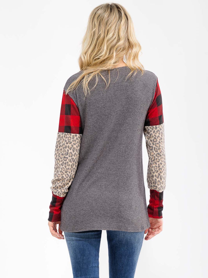 WOMEN'S LONG SLEEVE COLORBLOCK CONTRAST PRINT LOOSE FIT TOP