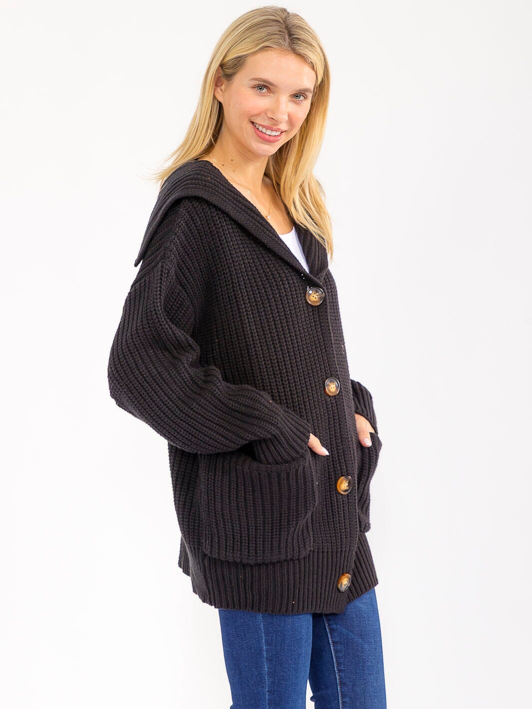 WOMEN'S LONG SLEEVE BUTTON CLOSURE FRONT POCKETS RIBBED CARDIGAN