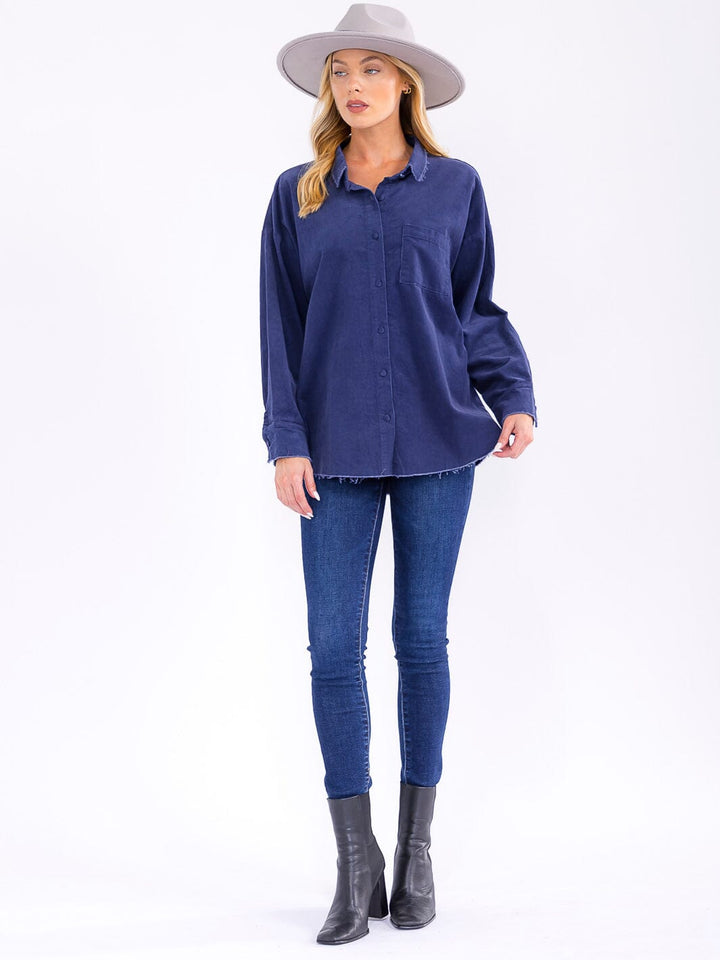 WOMEN'S LONG SLEEVE BUTTON UP FRONT POCKET CORDUROY TOP