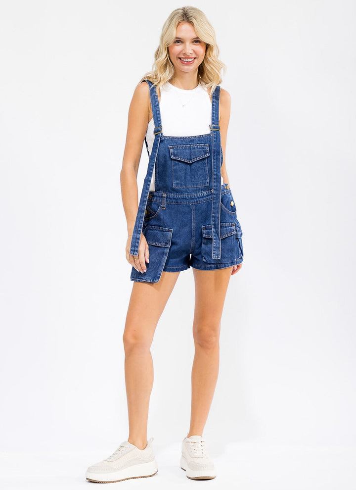 WOMEN'S SLEEVELESS CARGO POCKETS DENIM OVERALLS