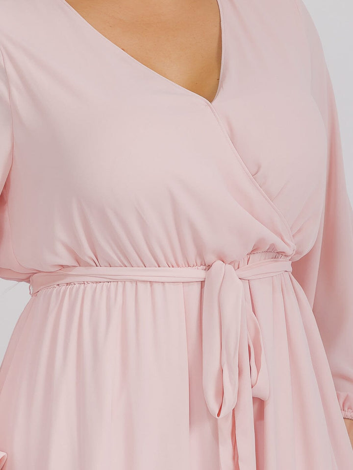 PUS SIZE LONG SLEEVE SELF TIE SURPLICE MAXI GOWN DRESS