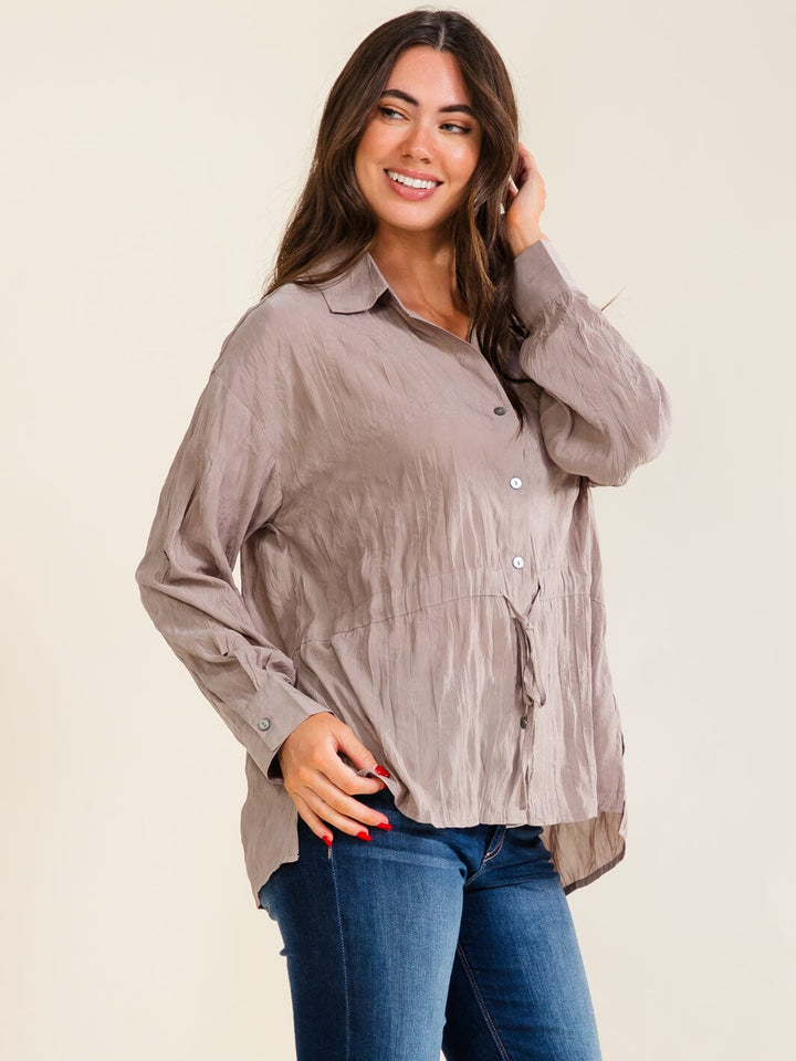 ENTRO WOMEN'S LONG SLEEVE BUTTON UP ADJUSTABLE WAIST BLOUSE