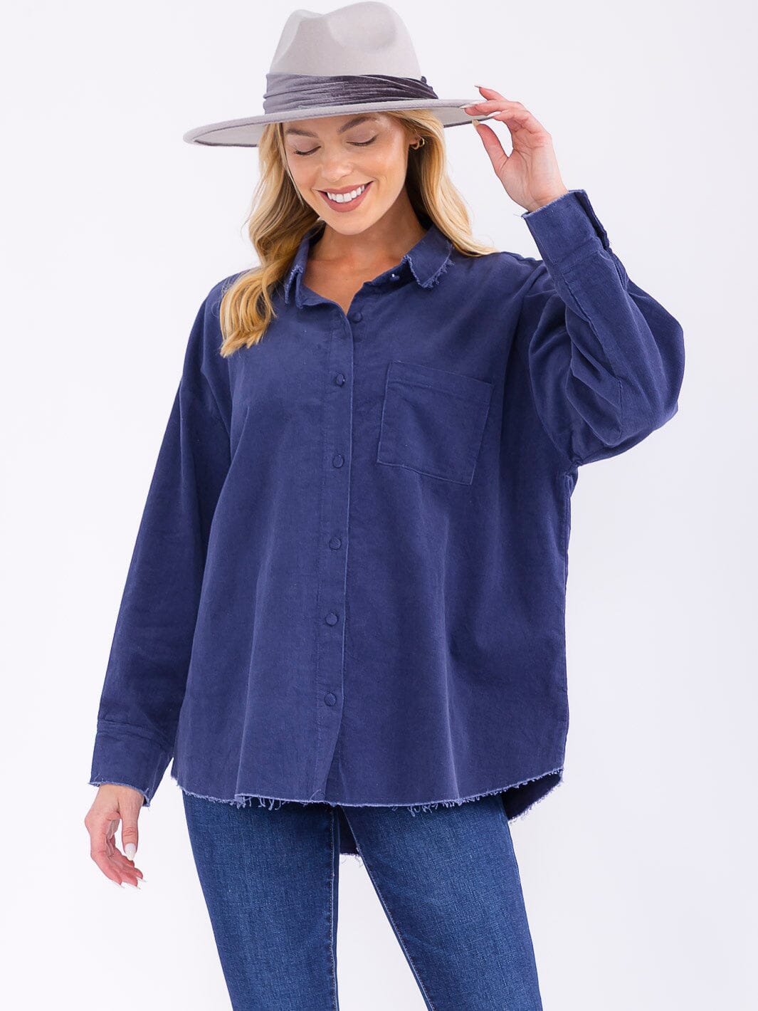 WOMEN'S LONG SLEEVE BUTTON UP FRONT POCKET CORDUROY TOP