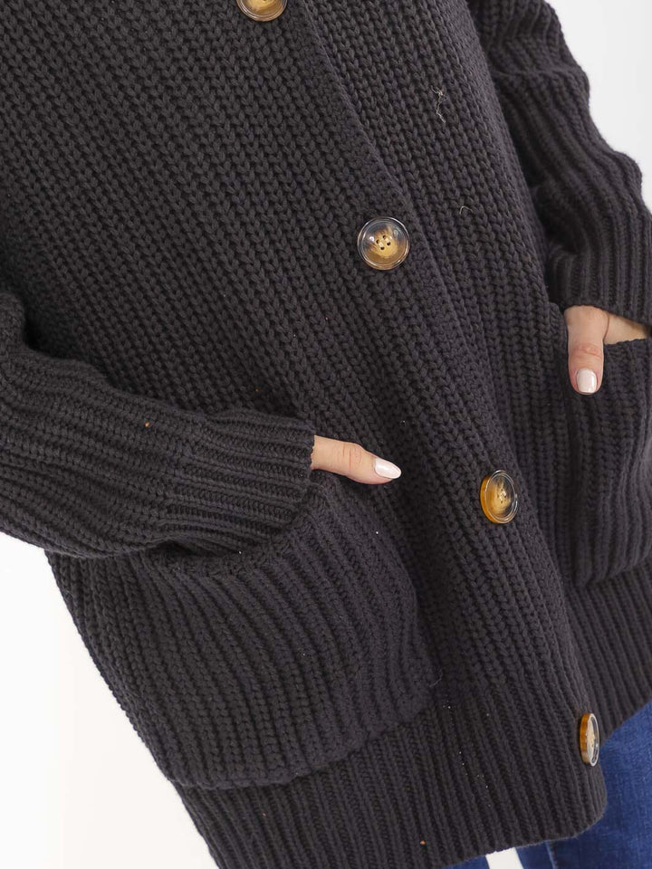 WOMEN'S LONG SLEEVE BUTTON CLOSURE FRONT POCKETS RIBBED CARDIGAN