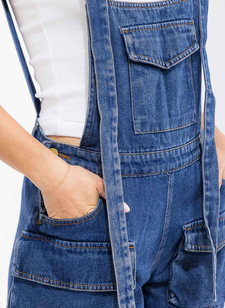 WOMEN'S SLEEVELESS CARGO POCKETS DENIM OVERALLS