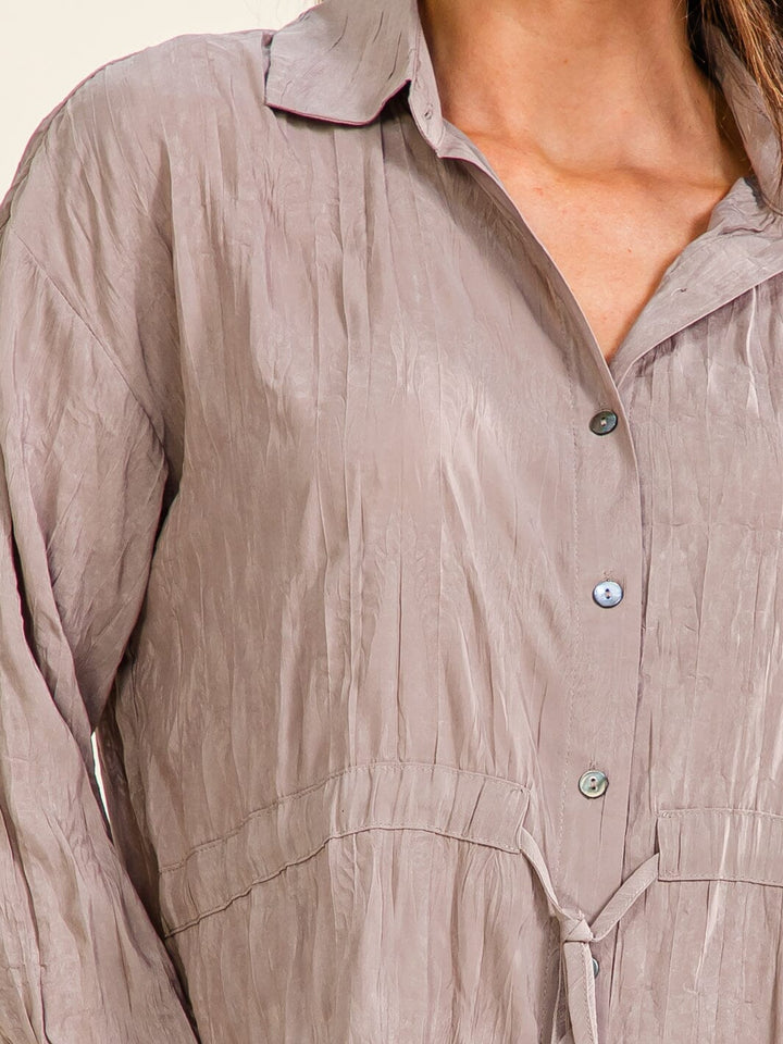 ENTRO WOMEN'S LONG SLEEVE BUTTON UP ADJUSTABLE WAIST BLOUSE