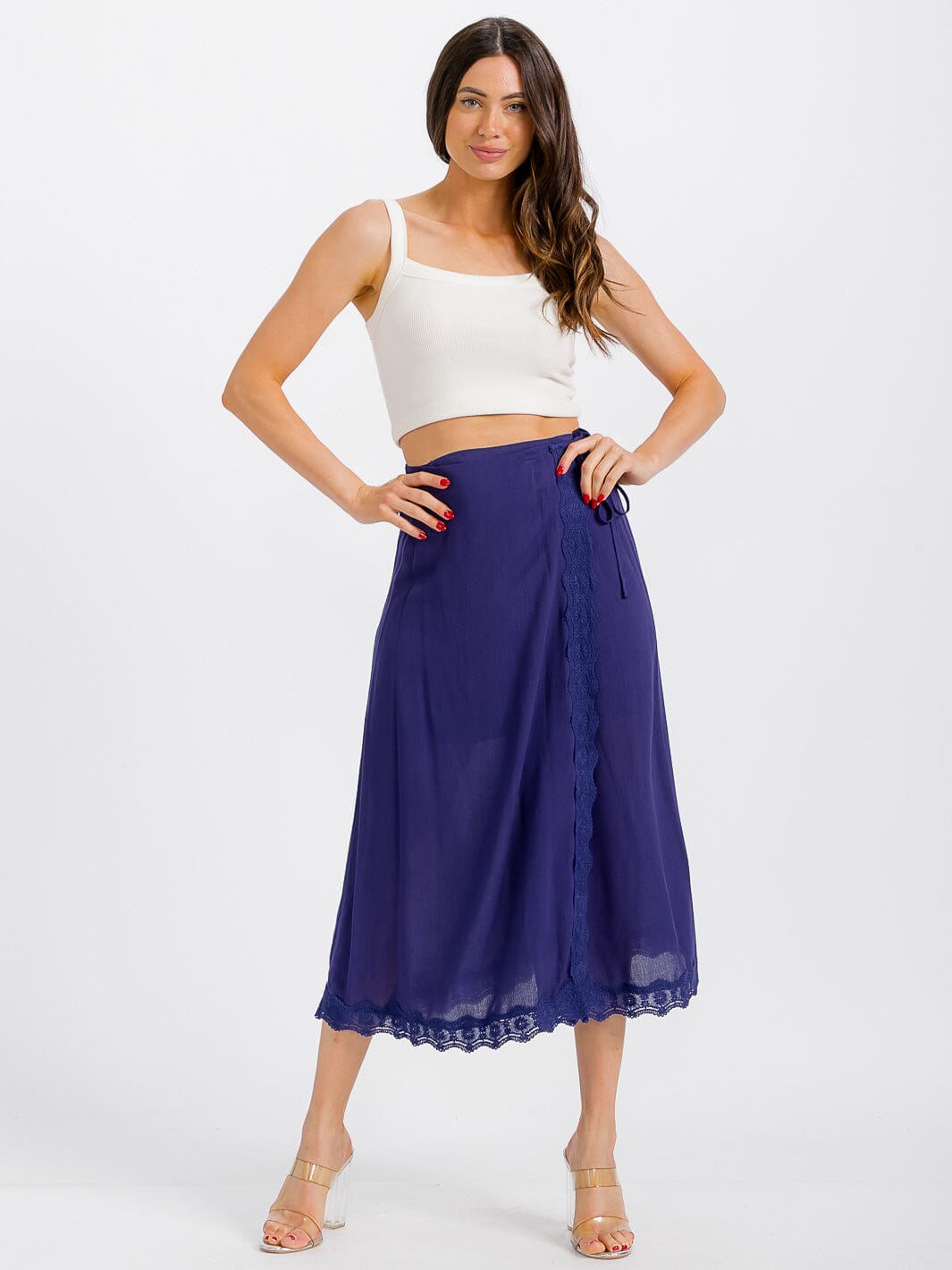 WOMEN'S SELF TIE CROCHET TRIM DETAILED WRAP MIDI SKIRT