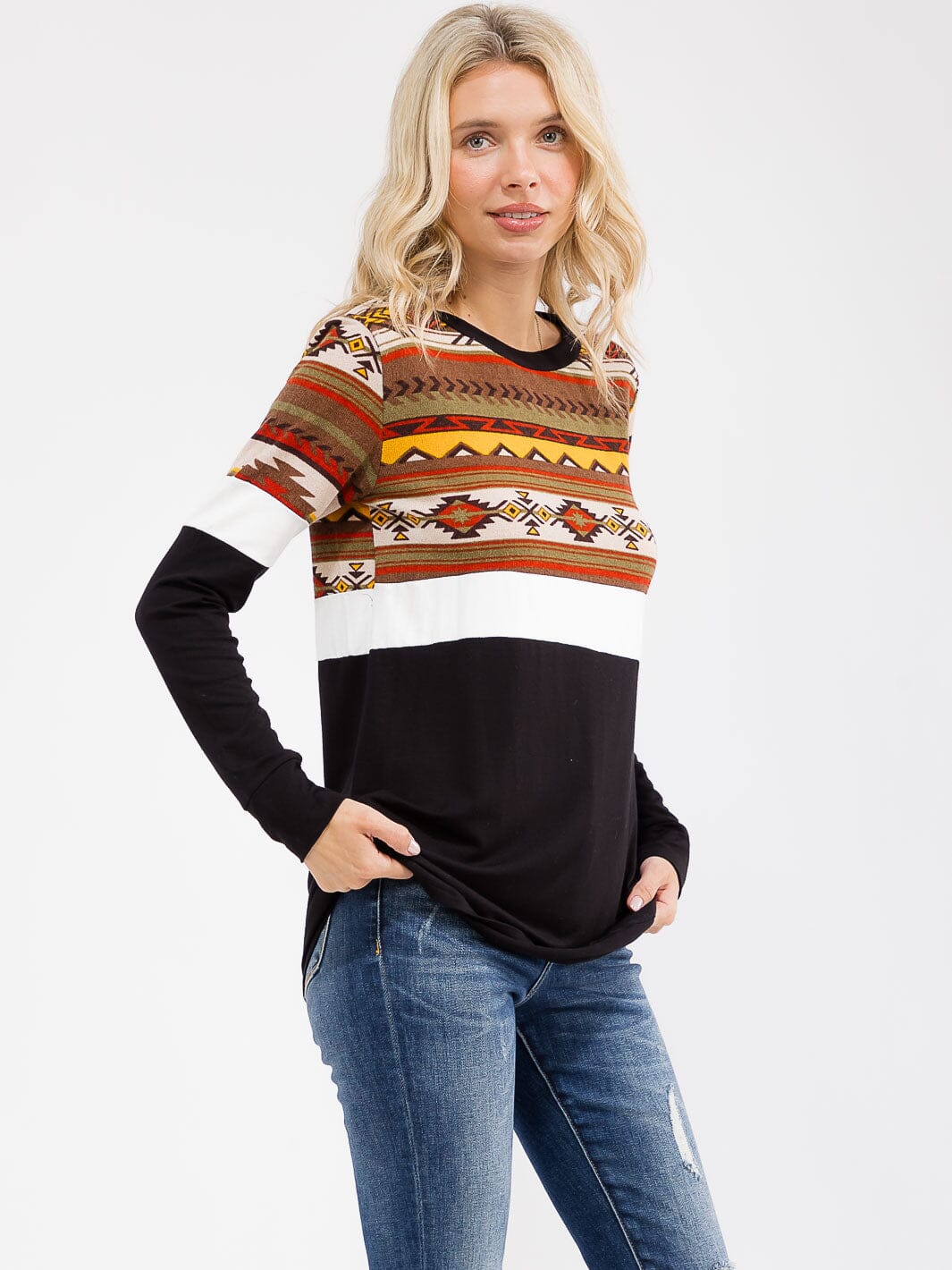 WOMEN'S LONG SLEEVE MULTI PRINT CONTRAST LOOSE FIT TOP