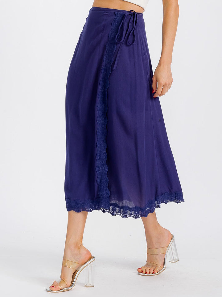 WOMEN'S SELF TIE CROCHET TRIM DETAILED WRAP MIDI SKIRT
