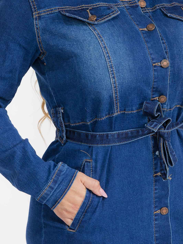 PUS SIZE LONG SLEEVE BUTON CLOSURE FRONT POCKETS SELF TIE WASHED DENIM MINI DRESS