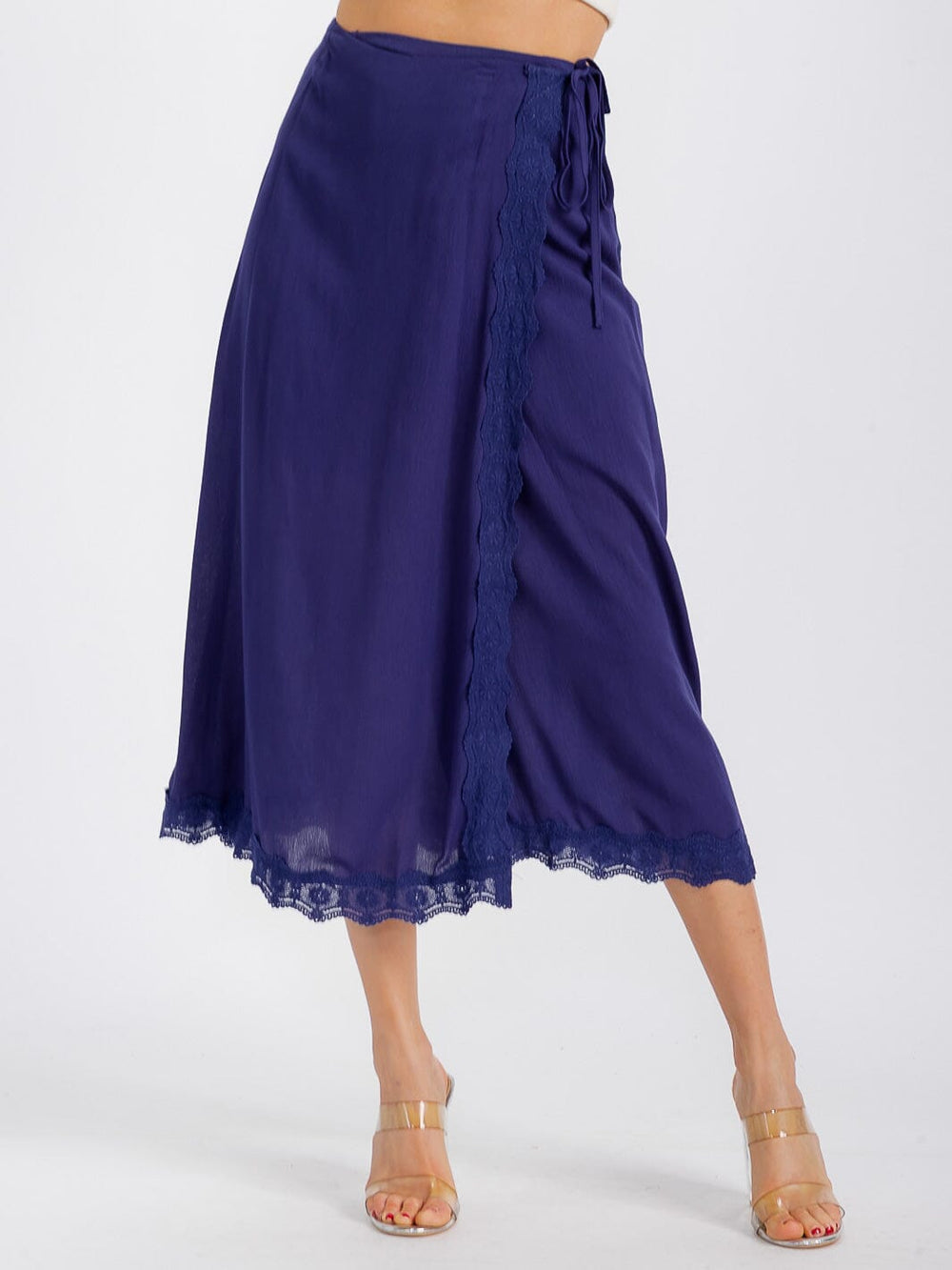 WOMEN'S SELF TIE CROCHET TRIM DETAILED WRAP MIDI SKIRT