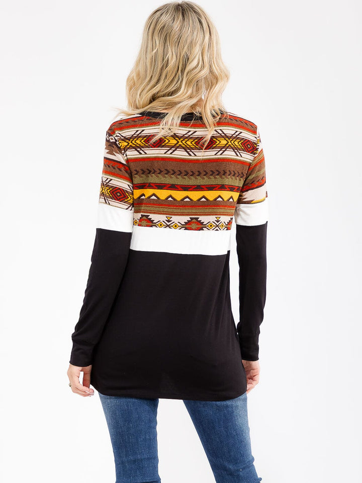 WOMEN'S LONG SLEEVE MULTI PRINT CONTRAST LOOSE FIT TOP