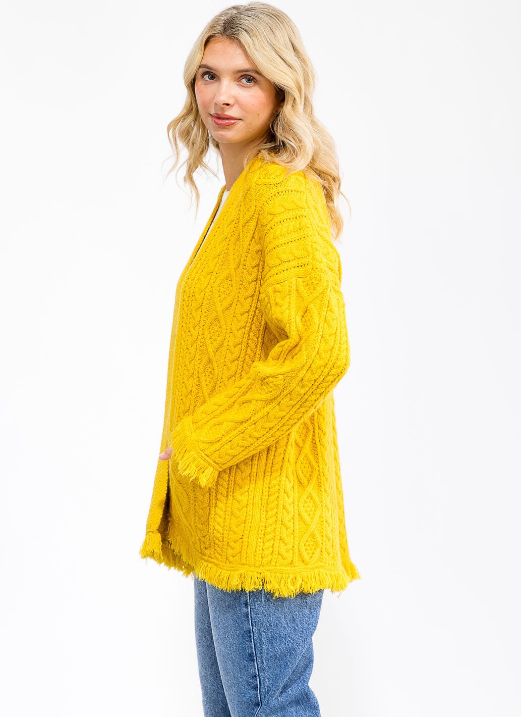 WOMEN'S LONG SLEEVE OPEN FRONT POCKETS TRIM DETAILED KNITTED CARDIGAN