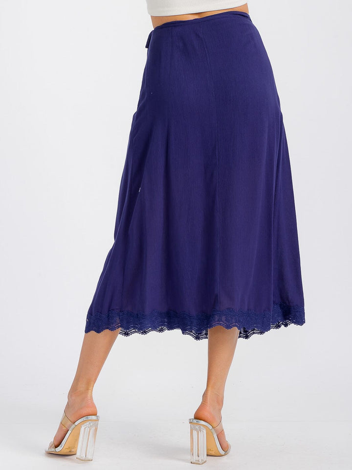 WOMEN'S SELF TIE CROCHET TRIM DETAILED WRAP MIDI SKIRT