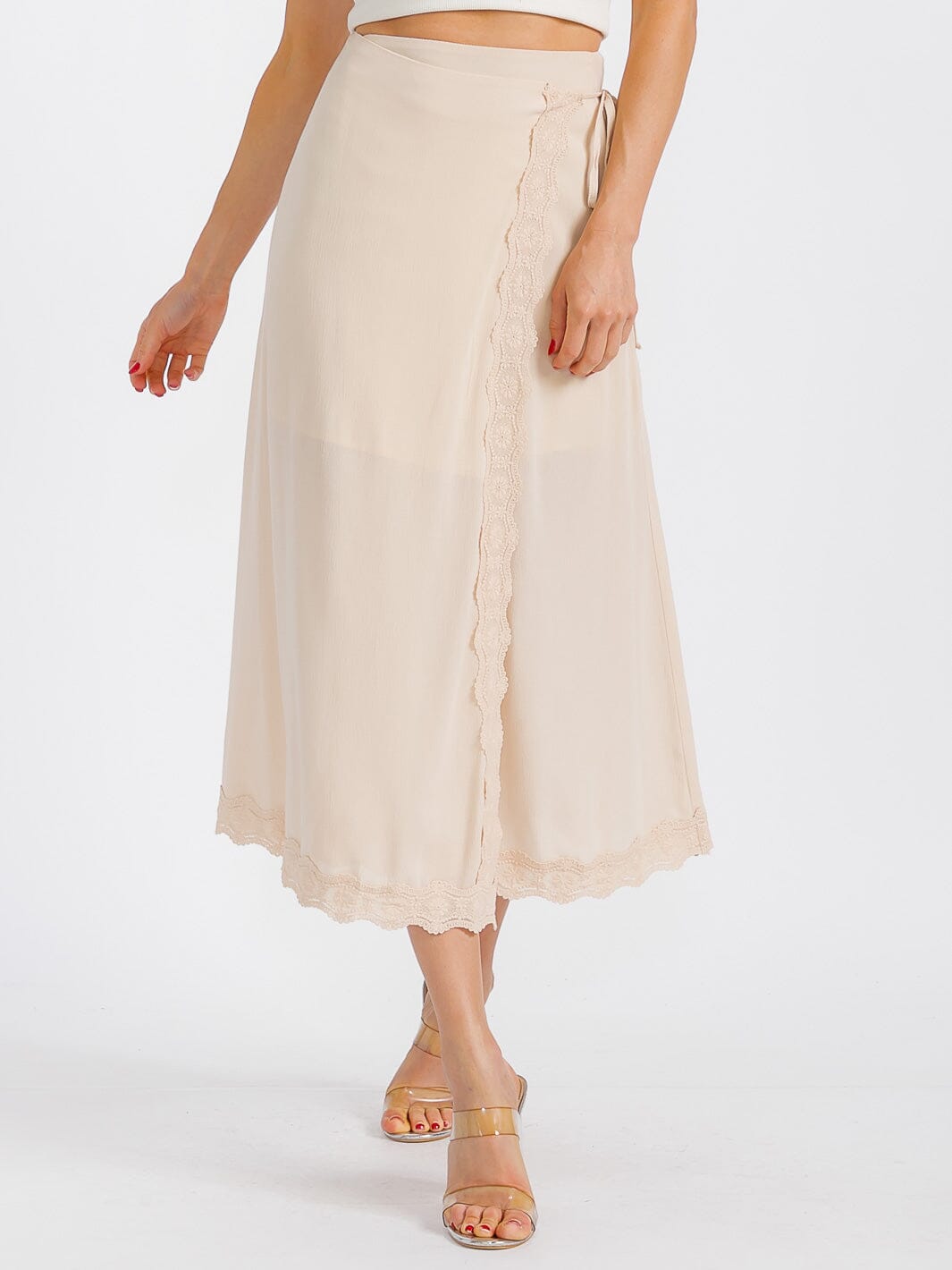 WOMEN'S SELF TIE CROCHET TRIM DETAILED WRAP MIDI SKIRT