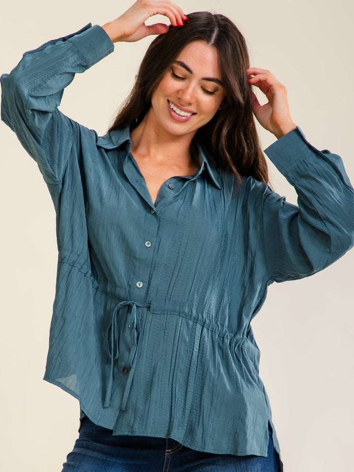 ENTRO WOMEN'S LONG SLEEVE BUTTON UP ADJUSTABLE WAIST BLOUSE