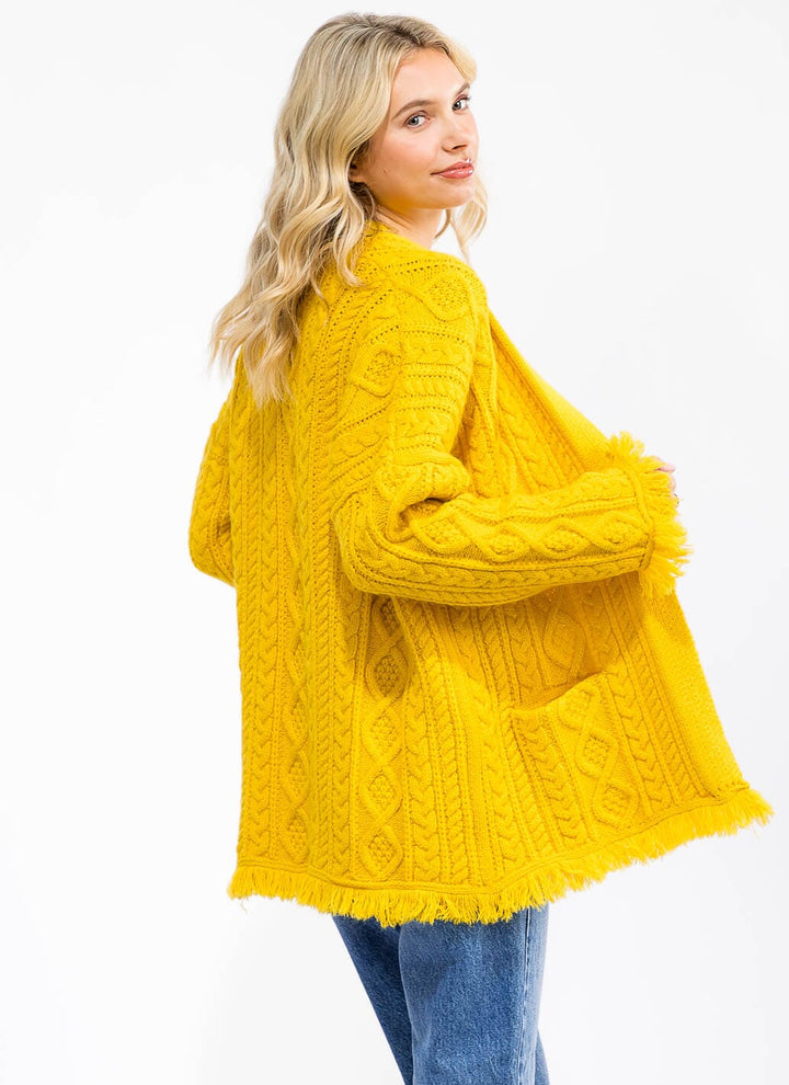 WOMEN'S LONG SLEEVE OPEN FRONT POCKETS TRIM DETAILED KNITTED CARDIGAN