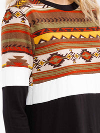 WOMEN'S LONG SLEEVE MULTI PRINT CONTRAST LOOSE FIT TOP