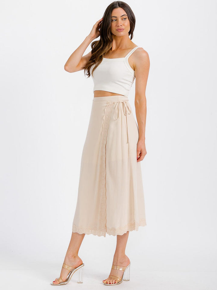 WOMEN'S SELF TIE CROCHET TRIM DETAILED WRAP MIDI SKIRT