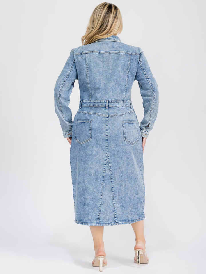 PUS SIZE LONG SLEEVE BUTON CLOSURE FRONT POCKETS WASHED DENIM MAXI DRESS