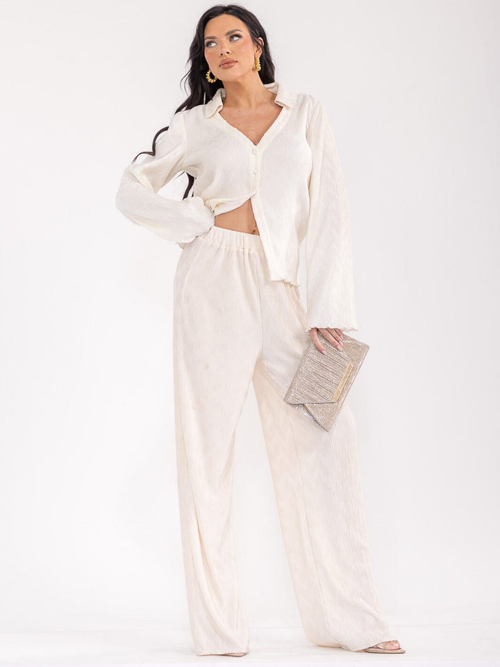 WOMEN'S LONG SLEEVE BLOUSE & ELASTIC WAIST PANTS DETAILED 2PC. SET