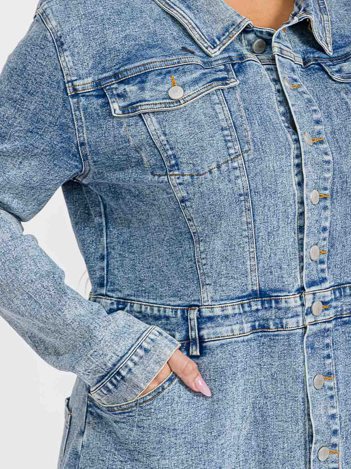 PUS SIZE LONG SLEEVE BUTON CLOSURE FRONT POCKETS WASHED DENIM MAXI DRESS