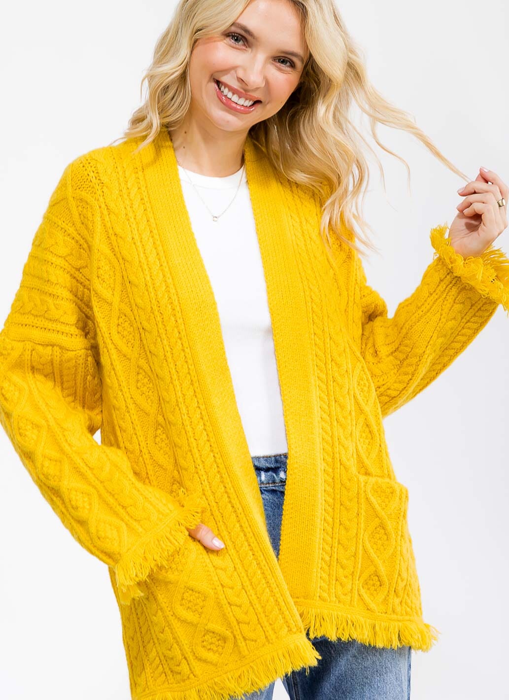 WOMEN'S LONG SLEEVE OPEN FRONT POCKETS TRIM DETAILED KNITTED CARDIGAN
