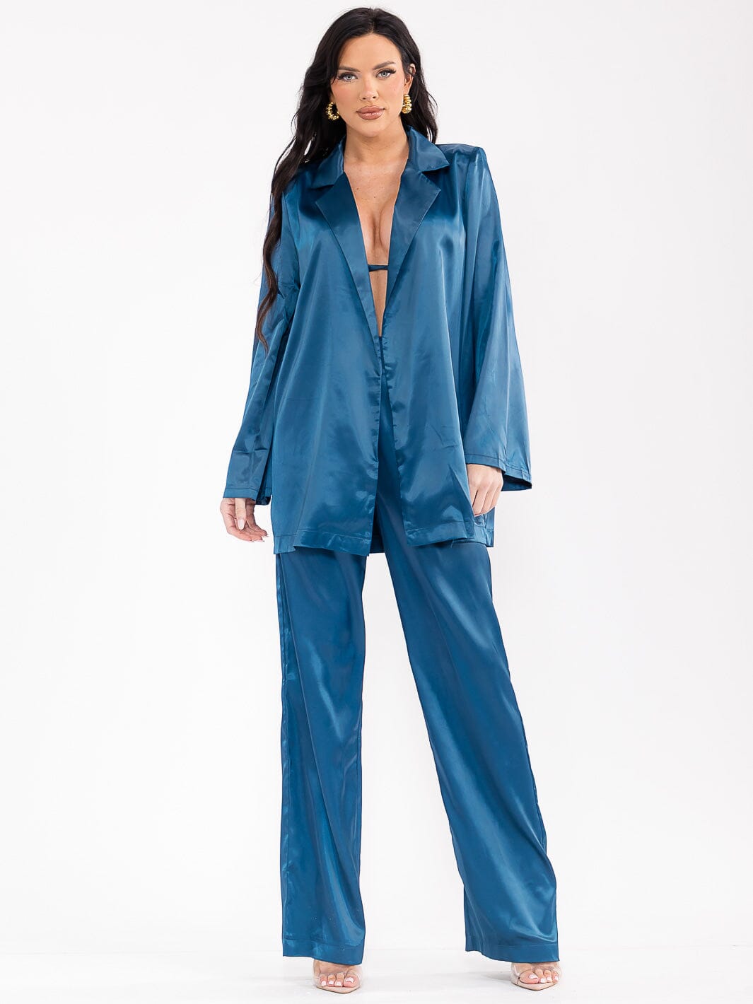 WOMEN'S LONG SLEEVE CARDIGAN WITH BRALETTE & ELASTIC WAIST PANTS SATIN 3PC. SET