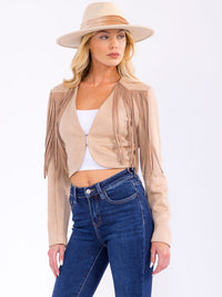 WOMEN'S LONG SLEEVE BUTTON CLOSURE FRINGE CROP JACKET