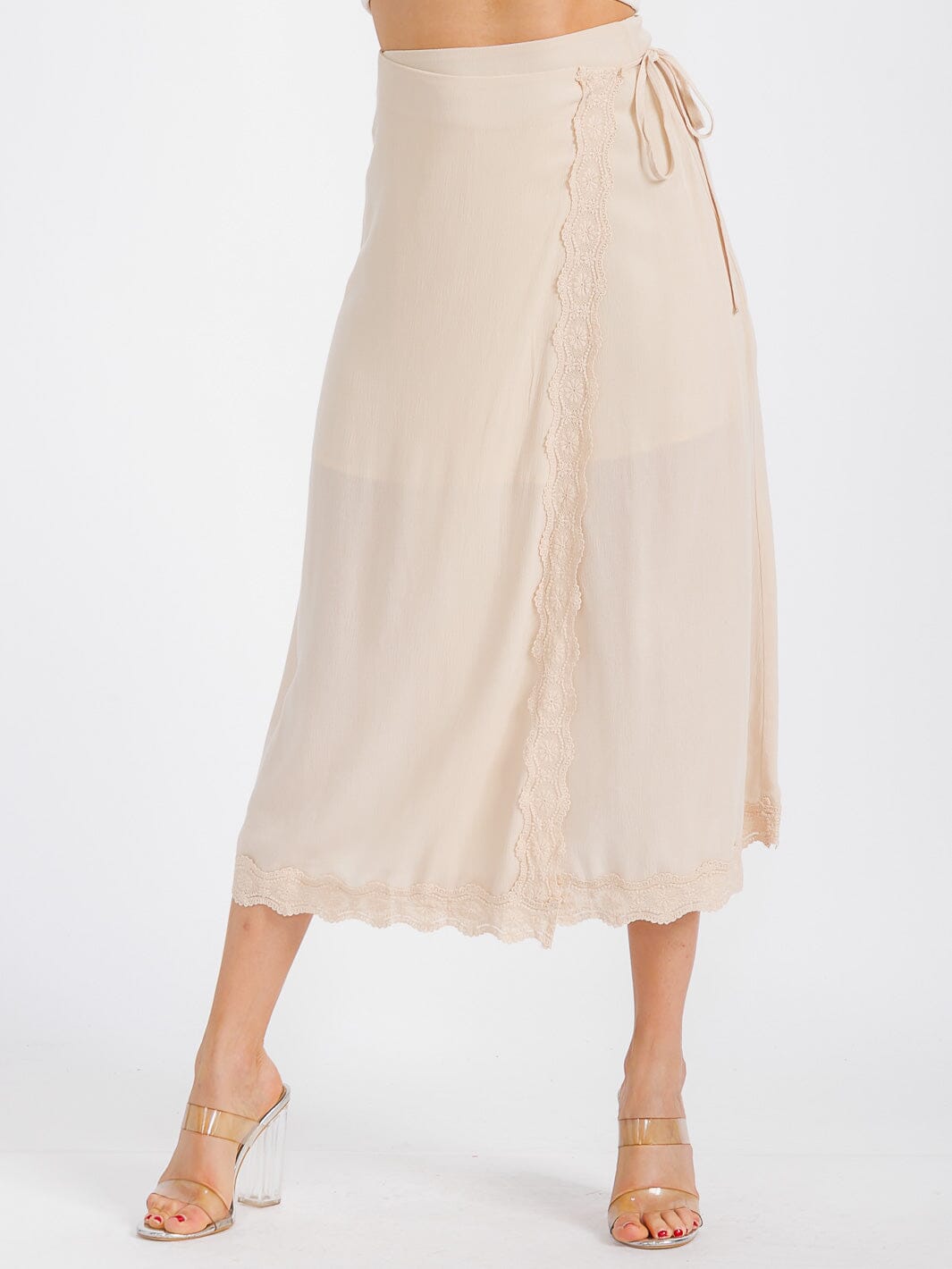 WOMEN'S SELF TIE CROCHET TRIM DETAILED WRAP MIDI SKIRT