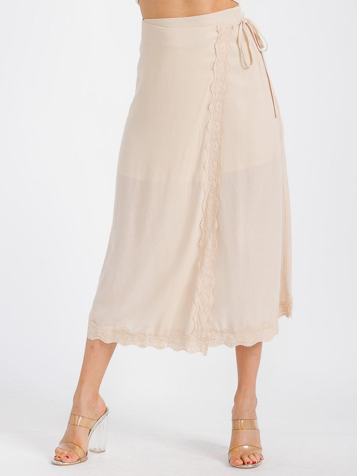 WOMEN'S SELF TIE CROCHET TRIM DETAILED WRAP MIDI SKIRT