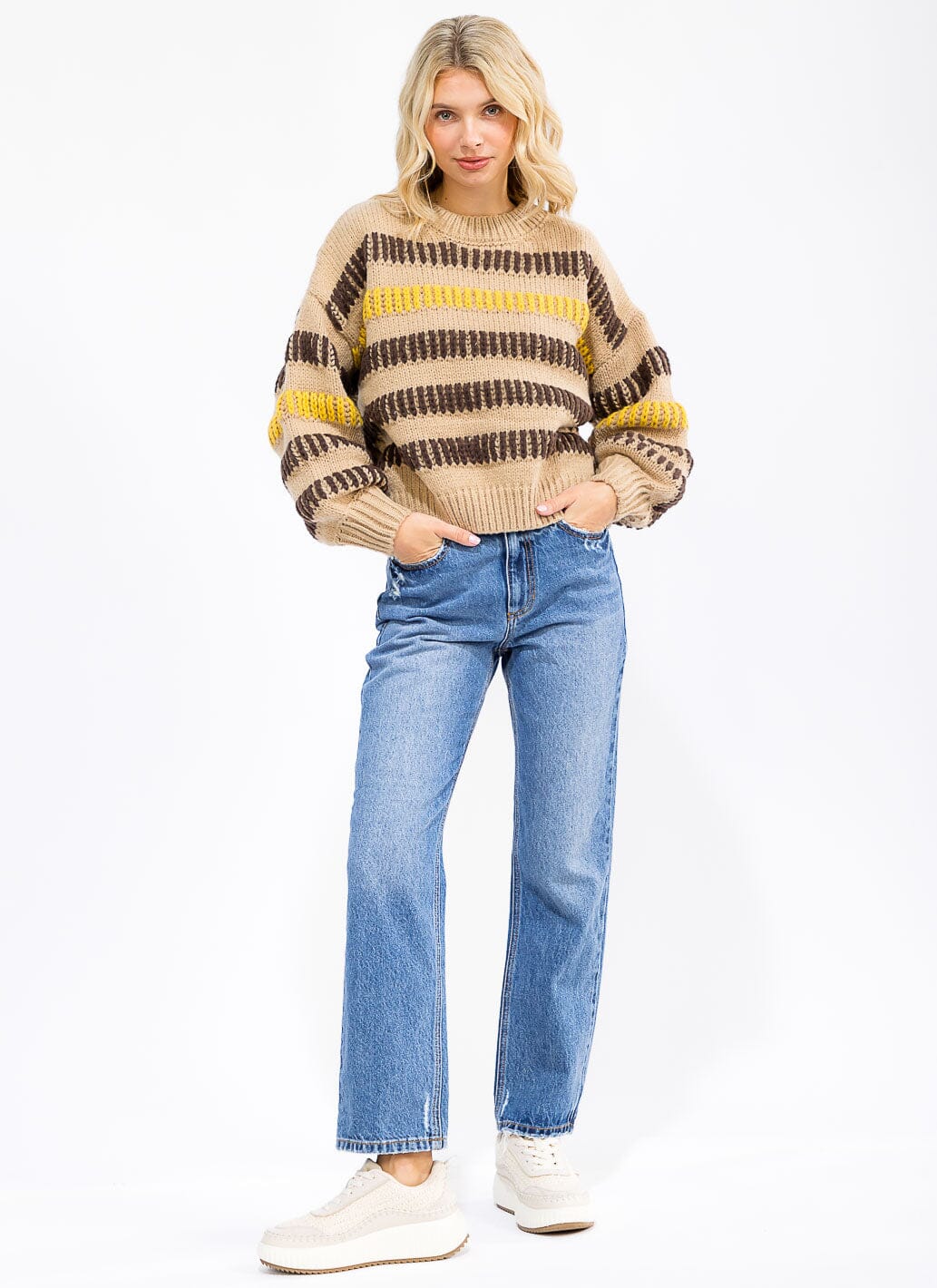 WOMEN'S LONG SLEEVE COLORBLOCK STRIPES KNIT PULLOVER SWEATER