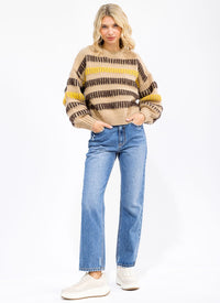 WOMEN'S LONG SLEEVE COLORBLOCK STRIPES KNIT PULLOVER SWEATER