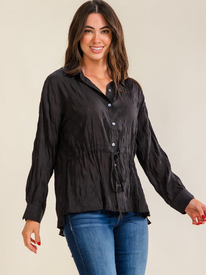 ENTRO WOMEN'S LONG SLEEVE BUTTON UP ADJUSTABLE WAIST BLOUSE