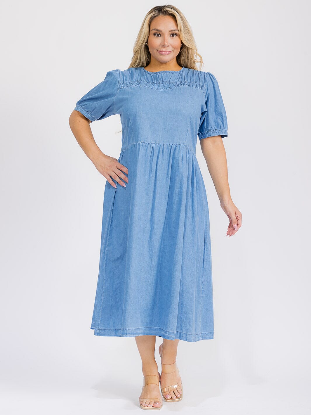 PUS SIZE SHORT SLEEVE SOLID CHAMBRAY MAXI DRESS