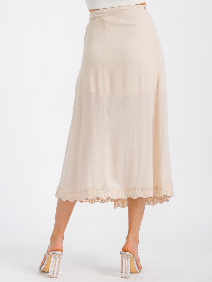 WOMEN'S SELF TIE CROCHET TRIM DETAILED WRAP MIDI SKIRT