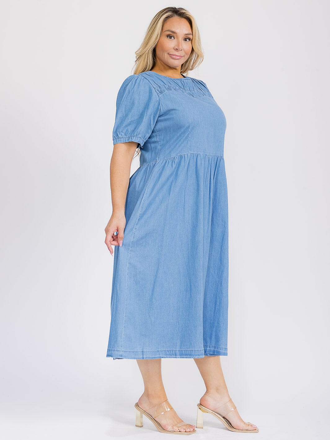 PUS SIZE SHORT SLEEVE SOLID CHAMBRAY MAXI DRESS