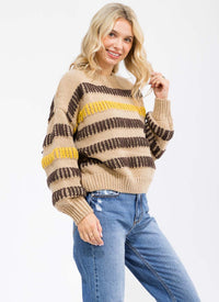 WOMEN'S LONG SLEEVE COLORBLOCK STRIPES KNIT PULLOVER SWEATER