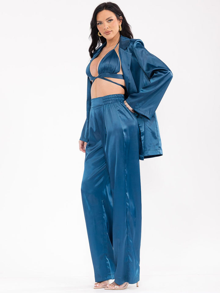 WOMEN'S LONG SLEEVE CARDIGAN WITH BRALETTE & ELASTIC WAIST PANTS SATIN 3PC. SET