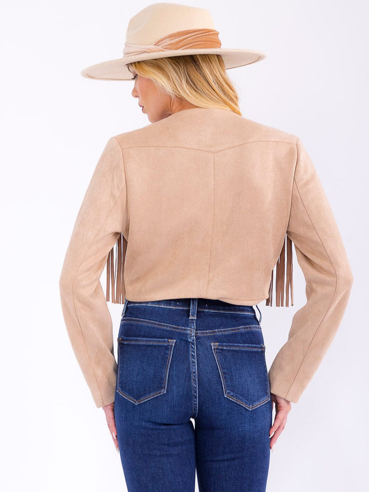 WOMEN'S LONG SLEEVE BUTTON CLOSURE FRINGE CROP JACKET