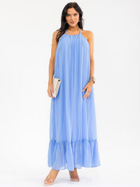 WOMEN'S SLEEVELESS HALTER NECK OPEN BACK FRONT POCKETS MAXI DRESS