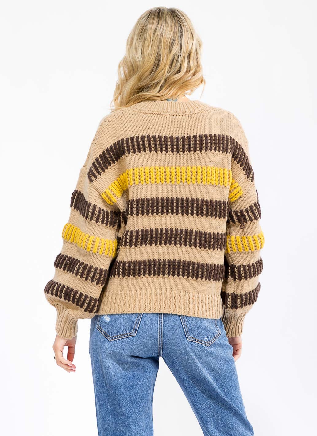 WOMEN'S LONG SLEEVE COLORBLOCK STRIPES KNIT PULLOVER SWEATER