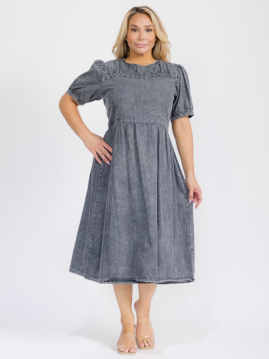 PUS SIZE SHORT SLEEVE SOLID CHAMBRAY MAXI DRESS