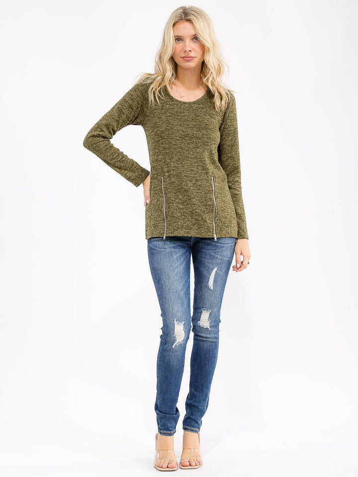 WOMEN'S LONG SLEEVE FRONT ZIPPER DETAILED TOP