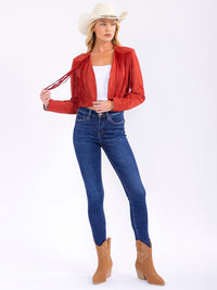 WOMEN'S LONG SLEEVE BUTTON CLOSURE FRINGE CROP JACKET